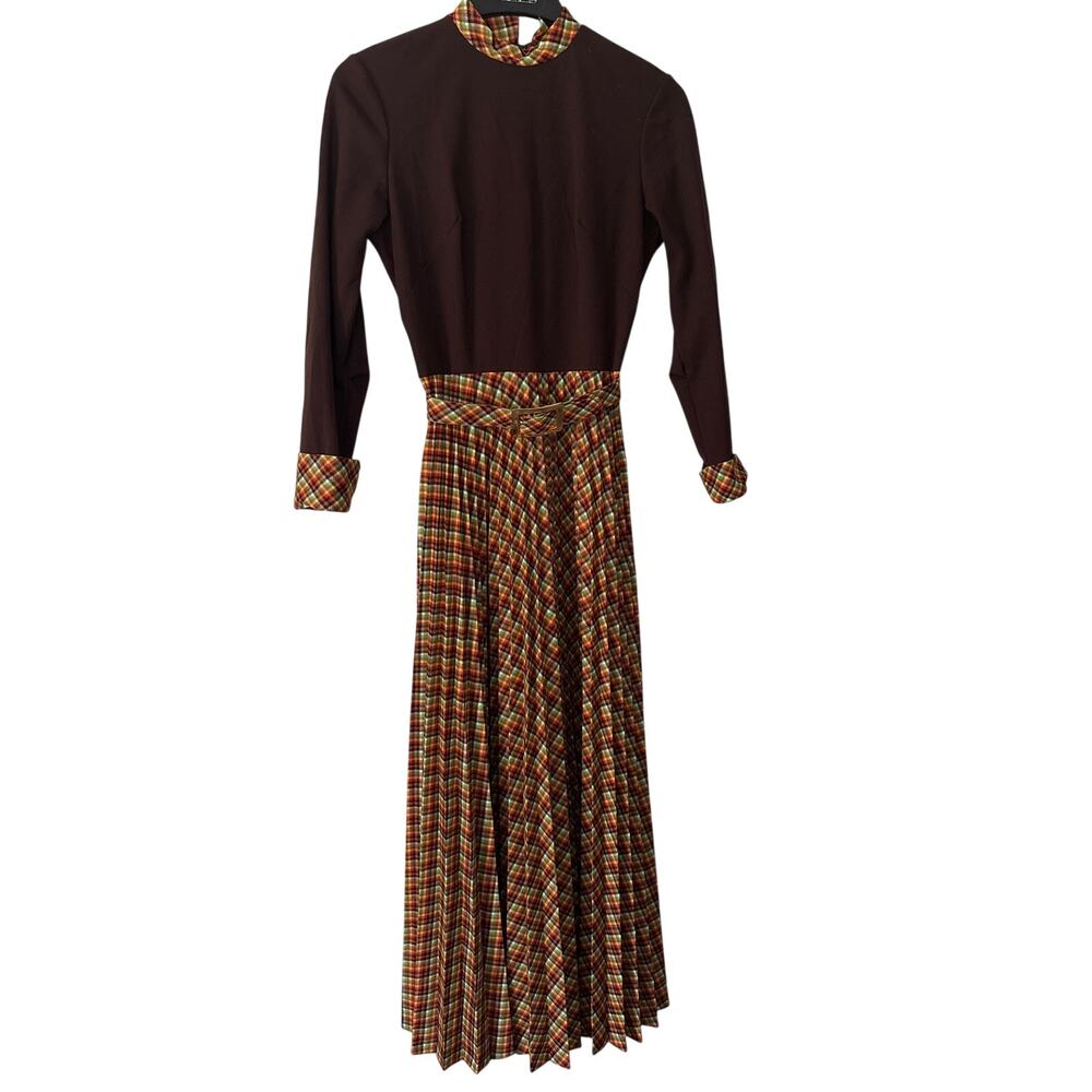 Vintage 70s Long Sleeve Maxi Dress Plaid Pleated Skirt High Collar Belt Small